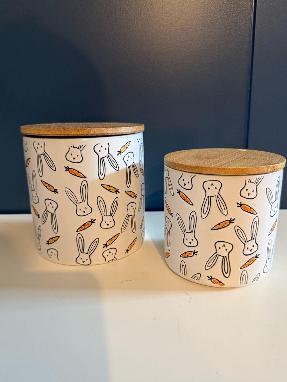 Ceramic Bunny & Carrot Storage Canister with Bamboo Lid - White
